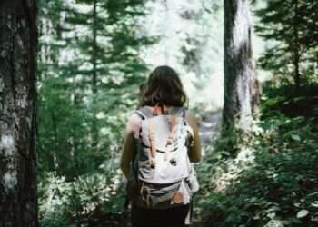 Mujer caminando por el bosque con mochila