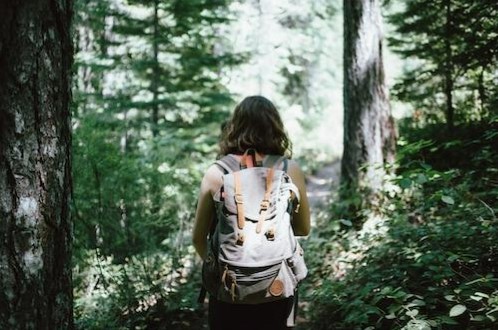 Mujer caminando por el bosque con mochila